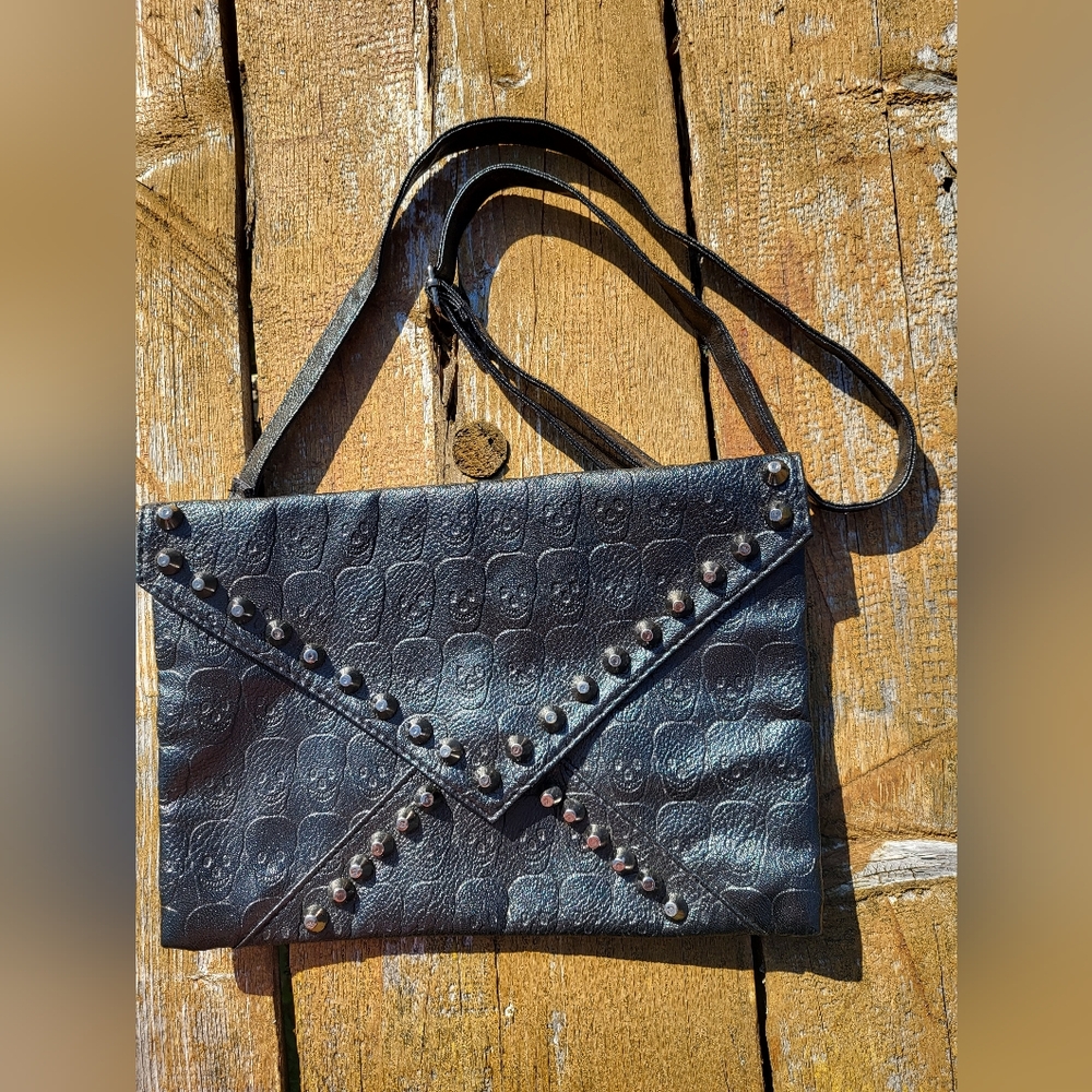 "Skullduggery" Black Pleather Studded Clutch
